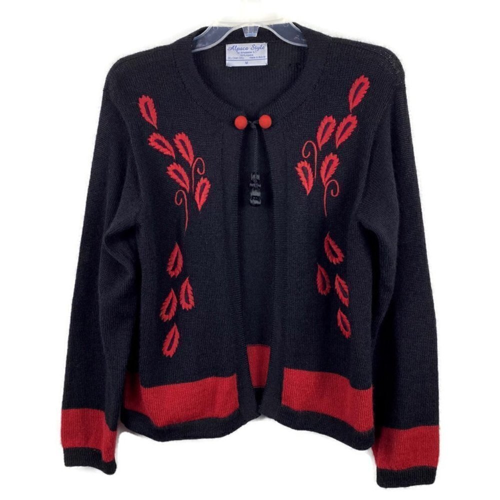 Artesanias A.T. 100% Alpaca Designer Sweater Cardigan size Medium Black & Red